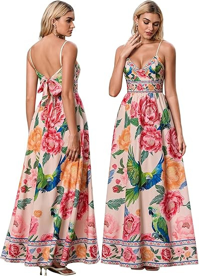 HTZMO Women Casual Summer Floral Maxi Sundress V Neck Spaghetti Strap Bow Tie Backless Flowy Boho... | Amazon (US)