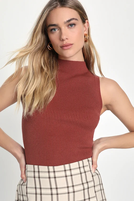 Seasonal Sophistication Rust Ribbed Mock Neck Sweater Tank Top | Lulus