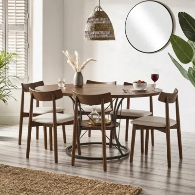 7-Piece Mid-Century Modern Round Wood Dining Set with Storage Shelf and Solid Wood Chairs | Wayfair North America