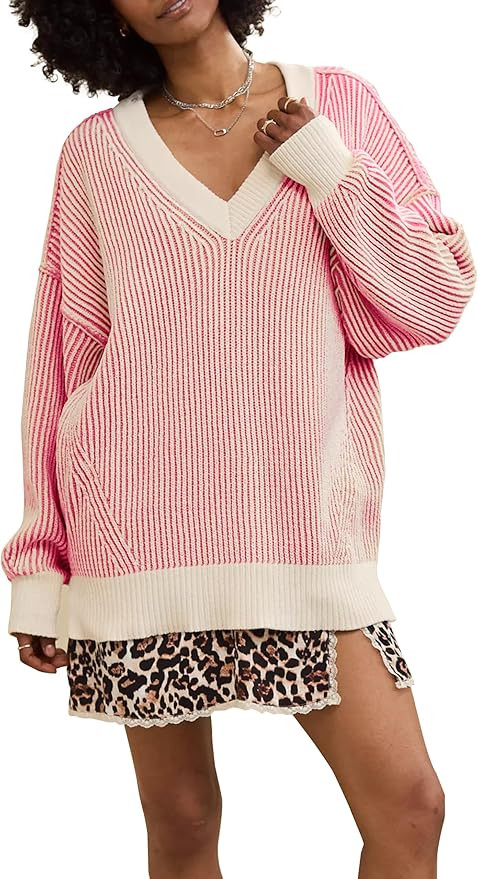 Women's Striped Sweaters Oversized Sweater V Neck Drop Shoulder Long Sleeve Loose Fit Knit Pullov... | Amazon (US)