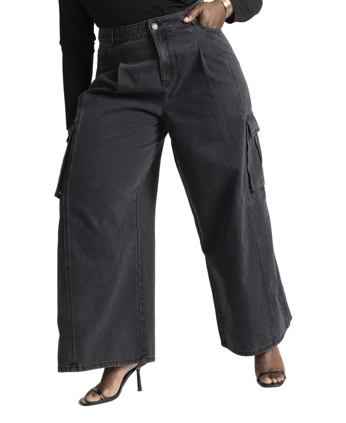 Eloquii Women's Plus Size Wide Leg Cargo Jean - Washed black | Macy's
