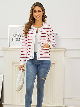 Striped Cardigan Sweaters for Women with Pockets: Lightweight Cotton Knit Cardigan - Crew Neck Bu... | Amazon (US)