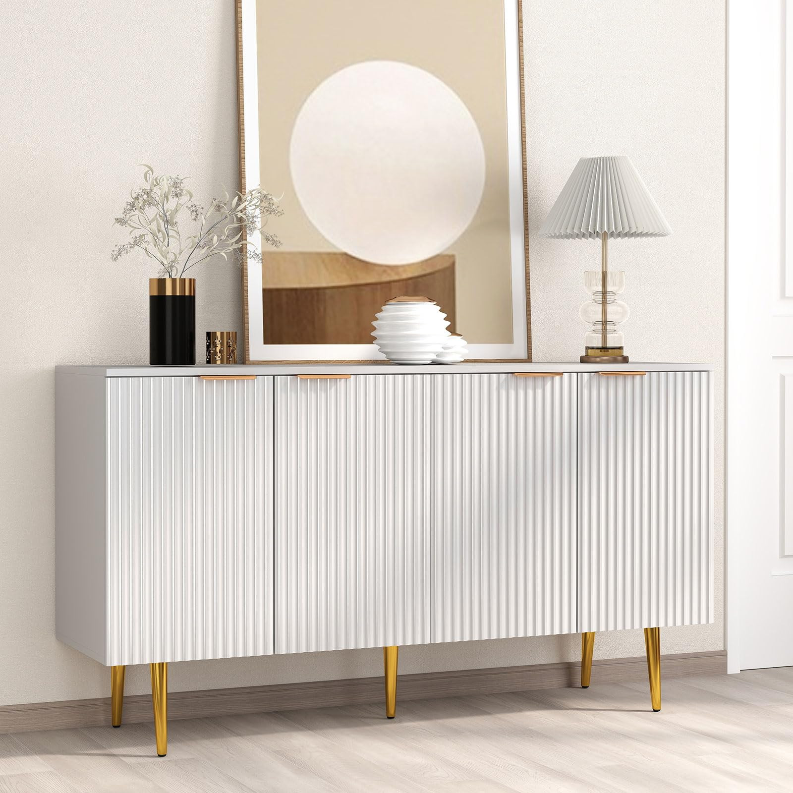 Bonzy Home 57" White Sideboard Buffet Cabinet with Doors and Shelves, Fluted Storage Cabinet with... | Amazon (US)