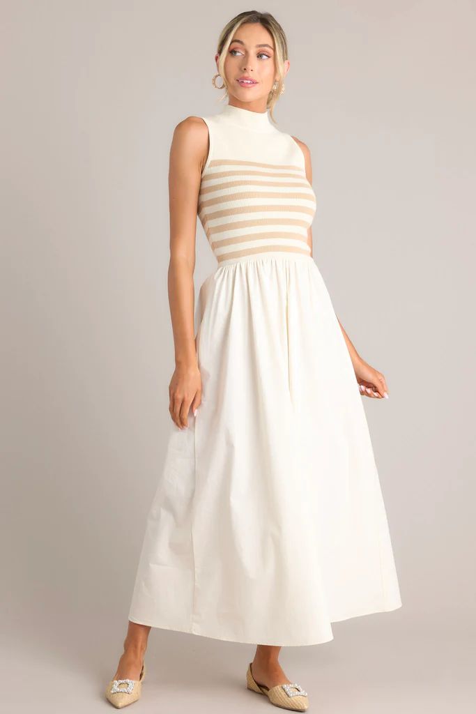 Timeless Treasures Tan & White Sleeveless Striped Maxi Dress | Red Dress