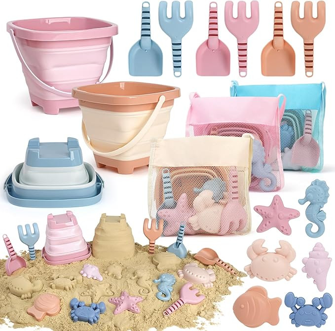 Dreamon Beach Toys Set for Kids 3-10, Collapsible Sand Buckets with Beach Molds and Mesh Bag, 3 P... | Amazon (US)