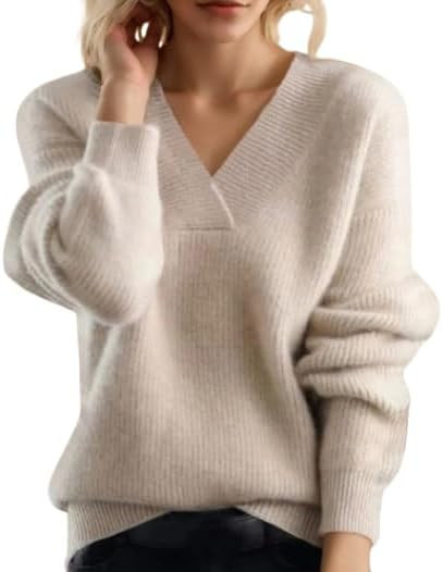 Soft Sweater for Women Oversized V Neck Long Sleeve Pullover Sweater Casual Slouchy Ribbed Knit L... | Amazon (US)
