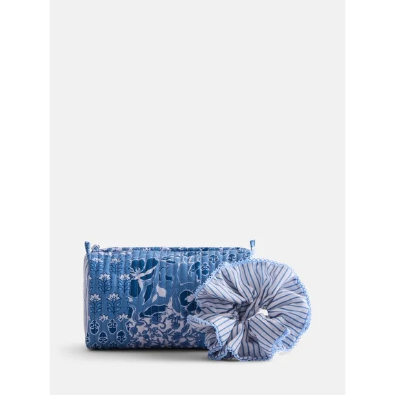No Boundaries Quilted Pouch with Hair Scrunchie Set, 2-Piece, Women's, Blue Patchwork | Walmart (US)