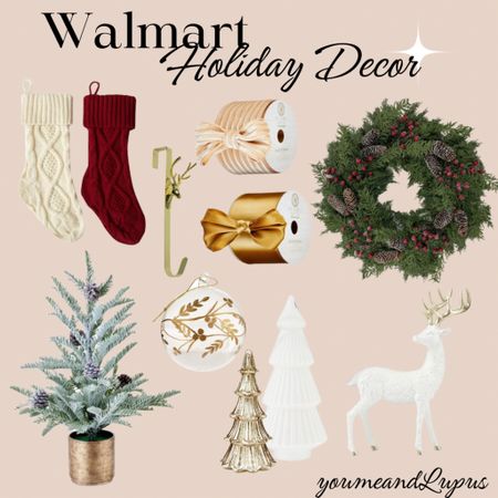 Walmart holiday decor, Christmas wreaths, stockings, holiday table top decorations, ornaments, ribbon, stocking holders, faux pine tree, gold trees, deer figurines, holiday finds, Christmas finds, YoumeandLupus 

#LTKSeasonal #LTKhome #LTKHoliday