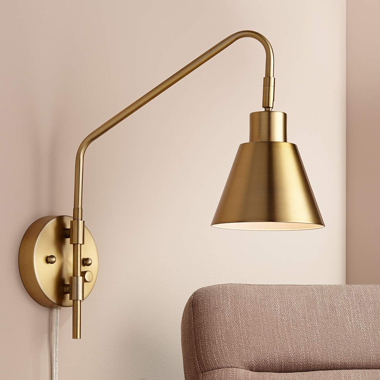 Marybel Antique Brass Downlight Plug-In Swing Arm Wall Lamp | LampsPlus.com