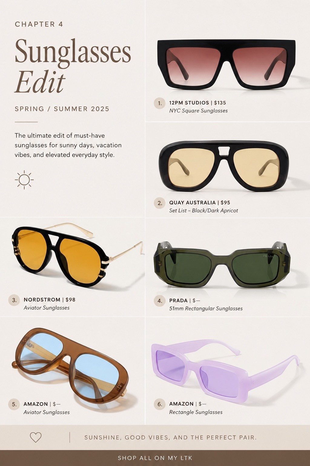 Good sunglasses really do change the whole outfit 💁🏽‍♀️

Sharing my current Spring/Summer sunglasses edit featuring oversized aviators, chunky square frames, colored lenses, sporty styles, and a mix of designer + affordable sunglasses that instantly elevate even the simplest outfit.

I love pairing statement sunglasses with neutral basics because it gives that effortless cool-girl/mom style energy without doing too much 🤎

Rounded up some of my favorite sunglasses for vacation outfits, everyday outfits, casual street style looks, elevated basics, and Summer fashion.

From bold designer frames to affordable trend finds… these are the pairs I keep reaching for lately 👀

#LTKStyleTip #LTKFind

#LTKSeasonal #LTKmomlife #LTKootd