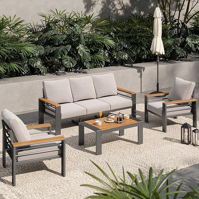 Aoxun Aluminum Outdoor Patio Furniture Set, 5 Seats Outdoor Sectional with Coffee Table, Patio Co... | Amazon (US)
