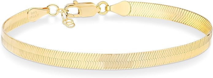 Miabella 18K Gold Over 925 Sterling Silver Italian Solid 4.5mm Flexible Flat Herringbone Link Cha... | Amazon (US)