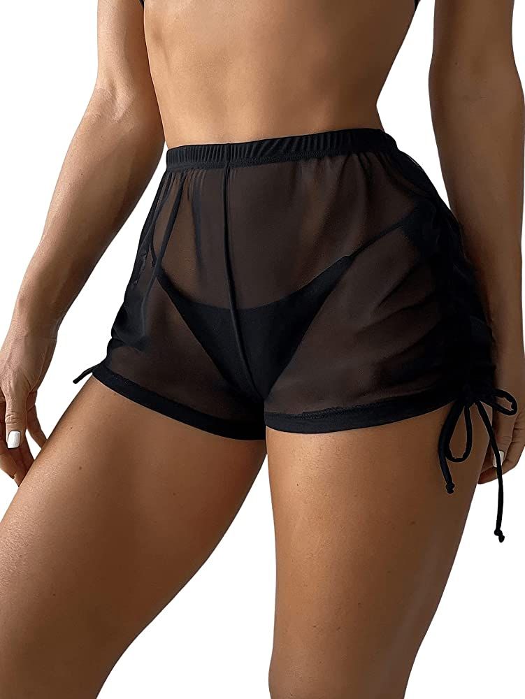 Verdusa Women's Drawstring Side Sheer Mesh Bikini Bottoms Swimsuit Cover Up Shorts | Amazon (US)