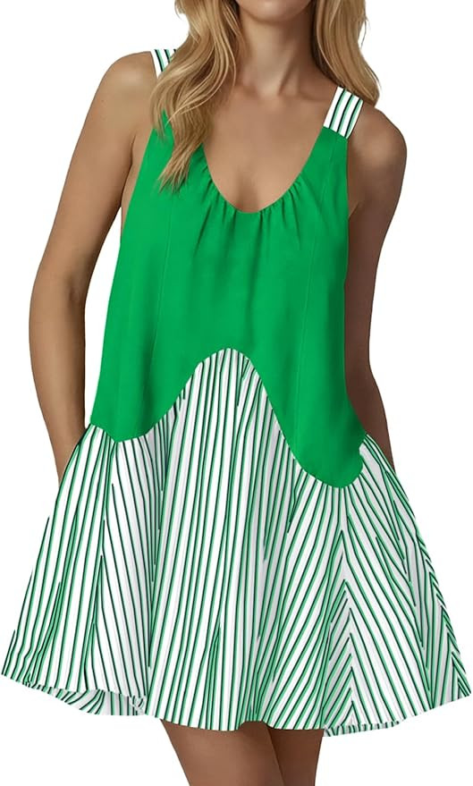 Fisoew Womens Sleeveless Tank Mini Dress Summer Casual V Neck Striped Patchwork A Line Workout At... | Amazon (US)