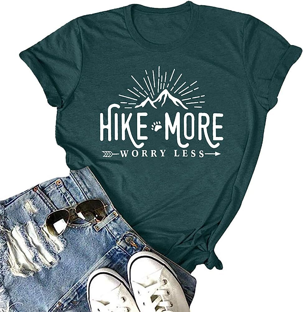 Hike More Worry Less Shirts for Women Hiking Shirt Funny Letter Print Tshirt Short Sleeve Shirt Gift | Amazon (US)