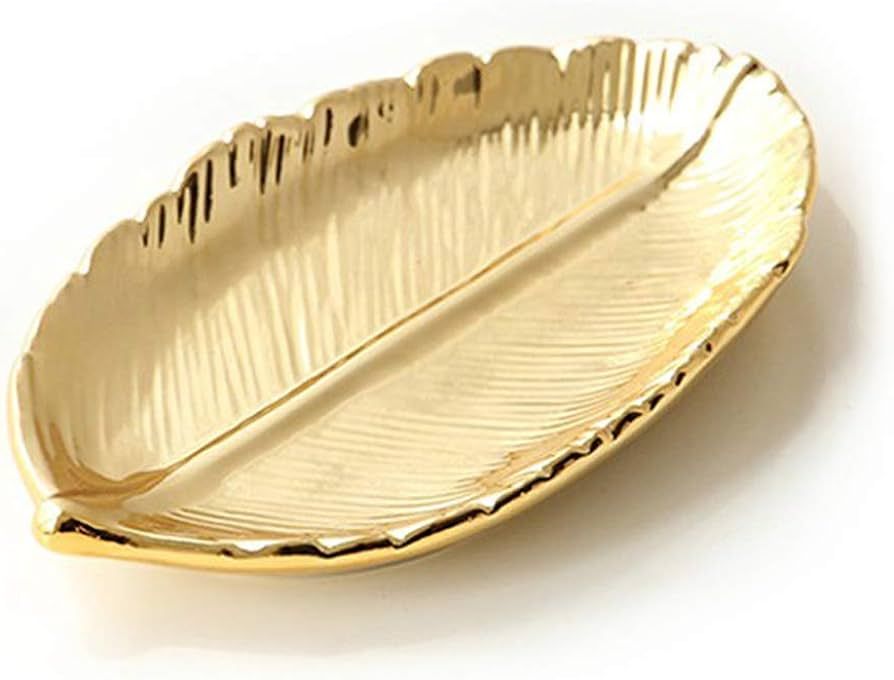 Lependor Golden Leaf Shaped Small Ceramic Jewelry Ring Dish Necklace Bracelet Holder Tray Organiz... | Amazon (US)
