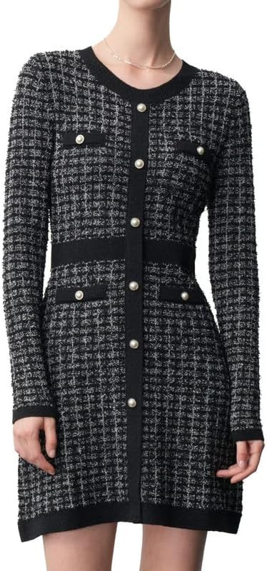 Women's Long Sleeve Tweed Knitted Sweater Dress Pearl Button Mini Dresses for Spring Summer Fall | Amazon (US)