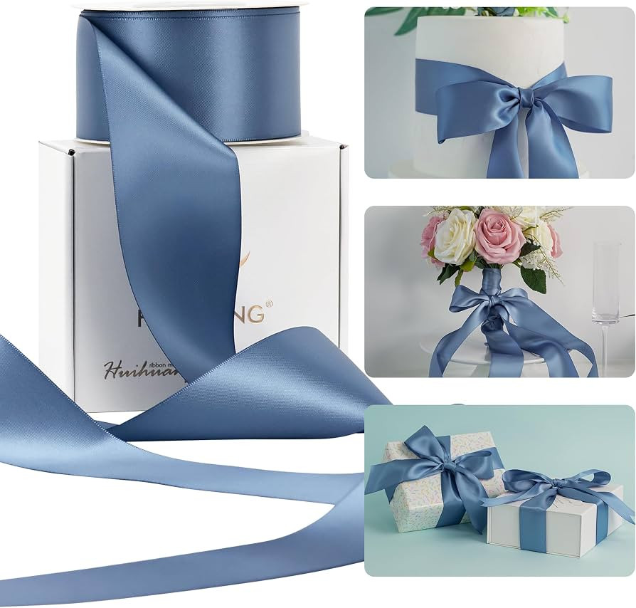 HUIHUANG Smoke Blue Double-Faced Blue Satin Ribbon 2 inch x 25 Yards | Amazon (US)