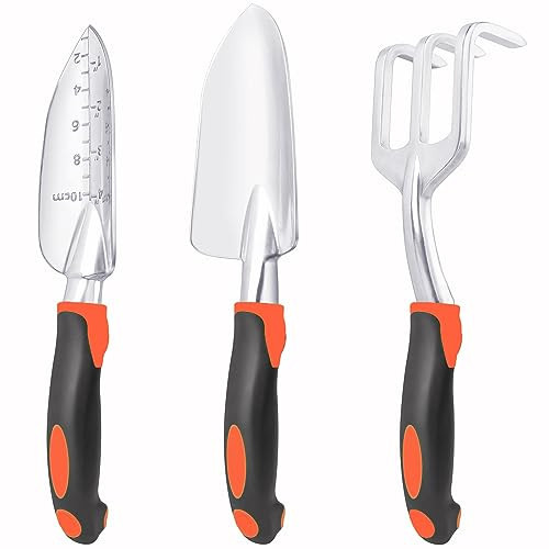 Garden Tools Set, 3 Pack Heavy Duty Gardening Tools Set Include Garden Shovel, Transplant Trowel and Hand Rake with Ergonomic Handle, Aluminum Alloy Lawn for Planting, Orange | Amazon (US)