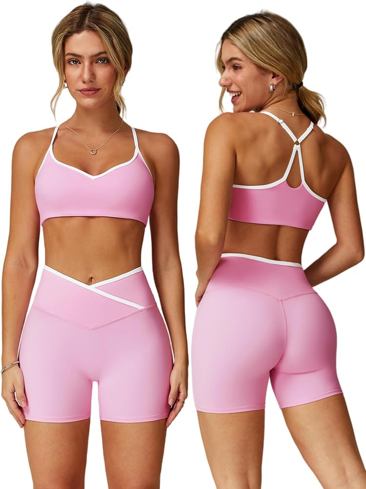 ABOCIW Workout Sets for Women 2 Piece Color Block Strappy Sports Bra Crossover High Waist Shorts ... | Amazon (US)