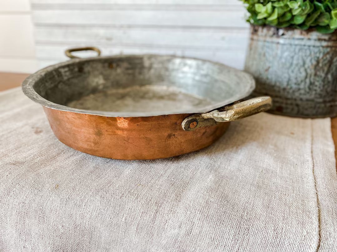Vintage Hammered Copper Pan with Brass Handles | European Farmhouse Decor | Etsy (US)