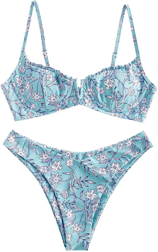ZAFUL Women's Floral V-Wired Underwire High Leg Two Piece Bikini Set Swimsuit | Amazon (US)