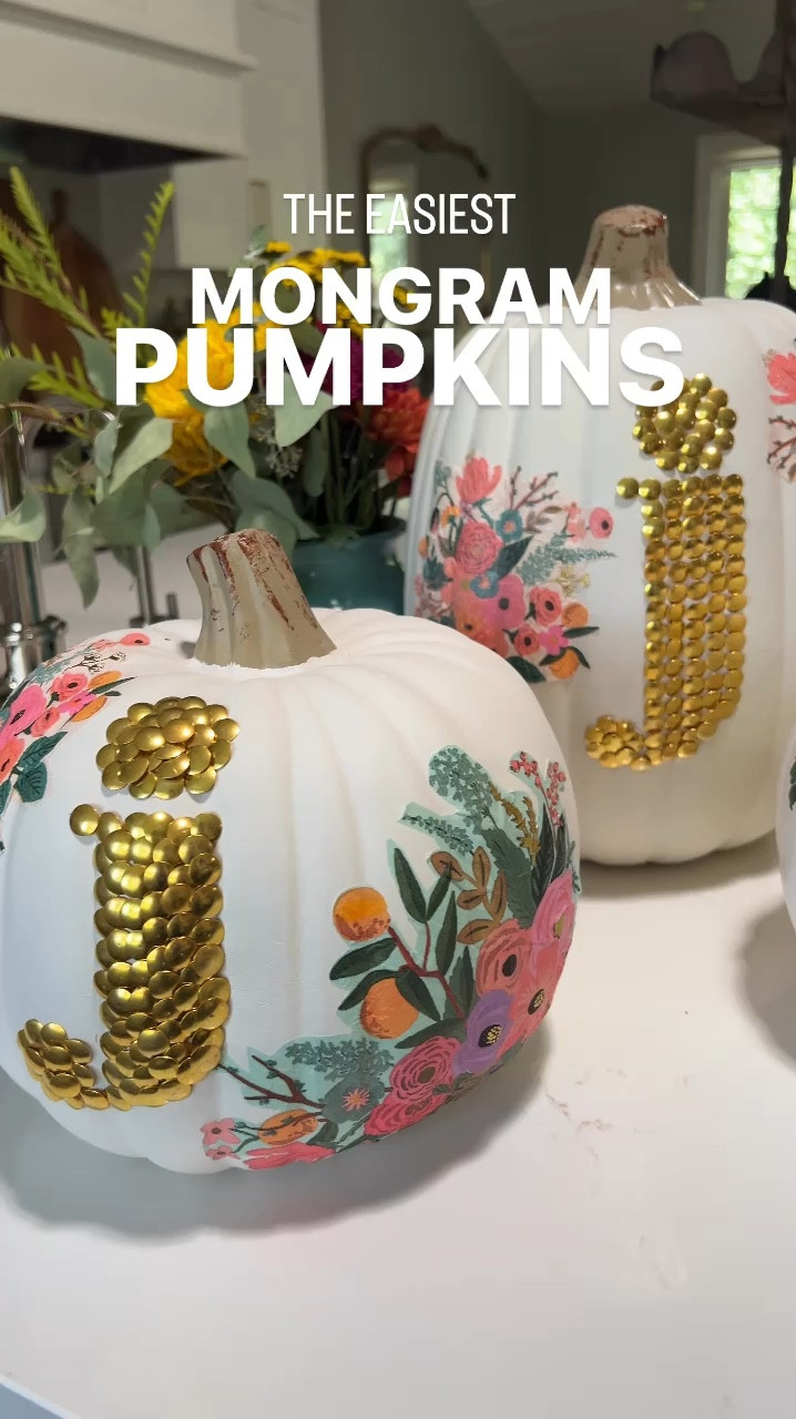DIY No-Carve Monogram Pumpkin. Create a stylish, no-carve monogram pumpkin for fall using gold thumbtacks and decoupaged florals cut from napkins—perfect for adding a personal touch to your seasonal decor!

#LTKSeasonal #LTKHoliday #LTKHalloween