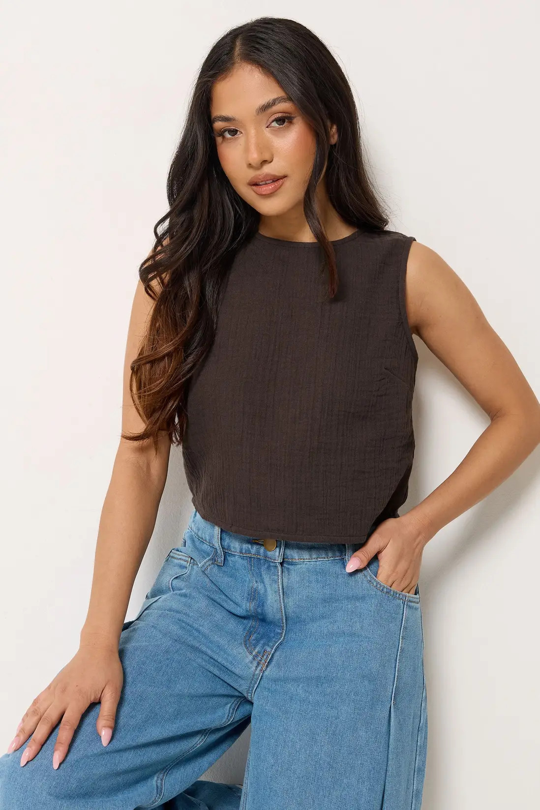 Chocolate PixieGirl Petite Sleeveless Cheesecloth Top | Dorothy Perkins | Dorothy Perkins (UK)