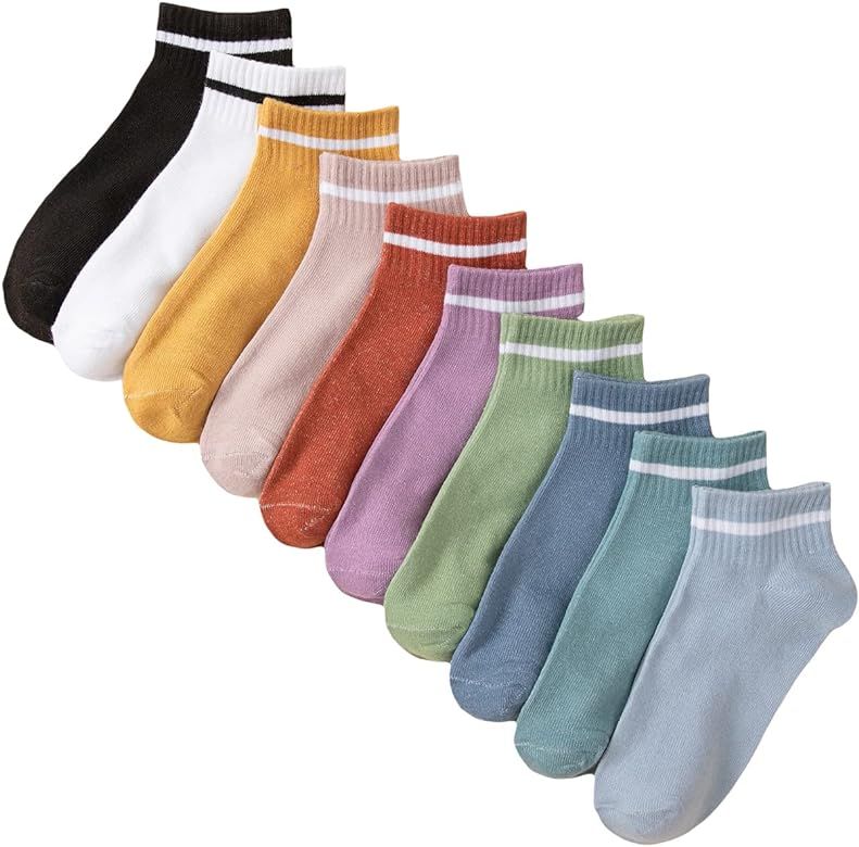 OYOANGLE Women's 10 Pairs Vintage Striped Ankle Socks Athletic Sport Casual Crew Socks | Amazon (US)