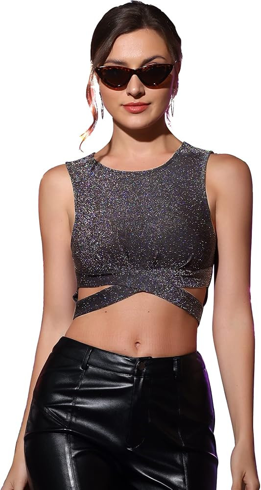 Allegra K Glitter Crop Top for Women's Halloween Sparkly Party Cutout Sleeveless Slim Fit Tops | Amazon (US)