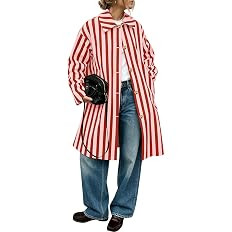 Tankaneo Womens Oversized Striped Long Trench Coats Windproof Fall Overcoat | Amazon (US)