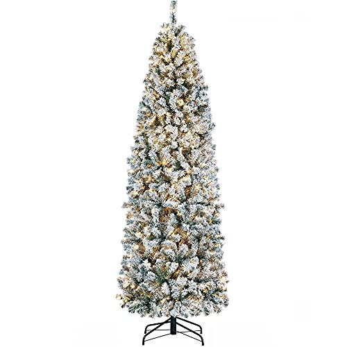 Yaheetech 7.5ft Pre-lit Snow Flocked Pencil Christmas Tree Kingswood Fir Hinged Slim Skinny Corner Xmas Tree with 350 Incandescent Warm White Lights & 1086 Snow Branch Tips, White | Amazon (US)