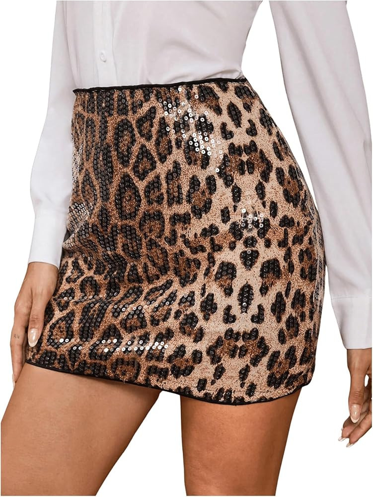 Verdusa Women's Leopard Print Sequin Mini Skirt Rave Party High Waist Bodycon Skirts | Amazon (US)