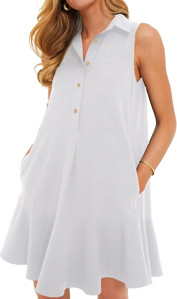 Women's Sleeveless Shirt Dress Button Down Ruffle Hem Mini Dresses with Pockets | Amazon (US)