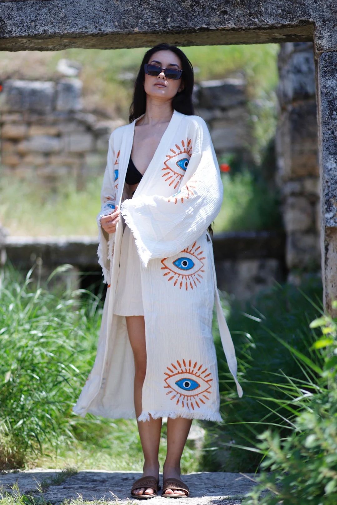 Turkish Cotton Evil Eye Kimono Dressing Gown Evil Eye Ethnic - Etsy | Etsy (US)