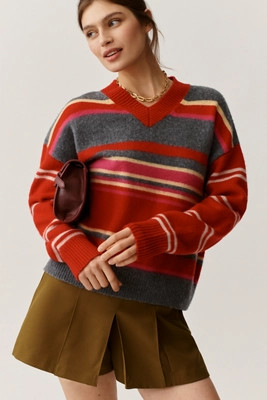 Damson Madder Rene V-neck Stripe Sweater | Anthropologie (US)