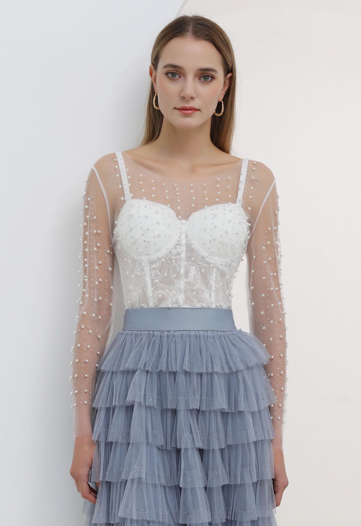 Full Pearl Embellished Sheer Mesh Top in White | Chicwish
