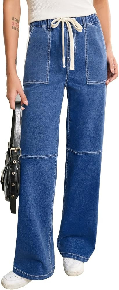 Sidefeel Women's Wide Leg Jeans High Waisted Elastic Stretchy Straight Leg Trendy Drawstring Bagg... | Amazon (US)