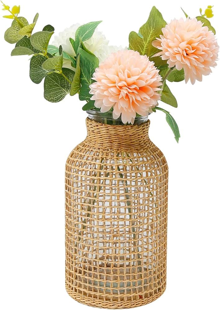 Straw Woven Glass Vase 10.25''X3.93''X5.52''Boho Glass Flower Vase Country Rustic Style Vase Glas... | Amazon (US)