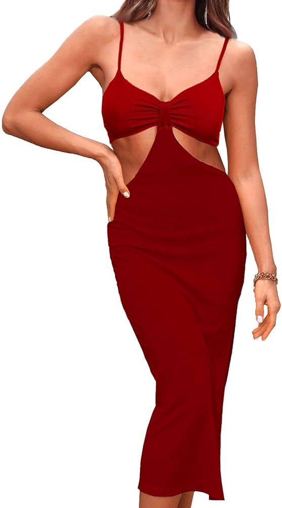 BZTTSSHY Women's Summer Sexy Bodycon Cut Out Spaghetti Strap Split Hem Club Party Maxi Dresses | Amazon (US)