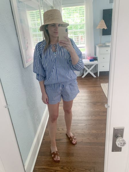 Blue and white striped shorts set, pool outfit idea, summer outfit idea 

#LTKSeasonal #LTKFindsUnder100