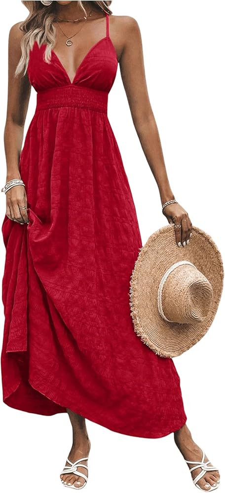 Milumia Women's Summer V Neck Backless Maxi Dress Boho Spaghetti Strap A Line Flowy Beach Long Su... | Amazon (US)