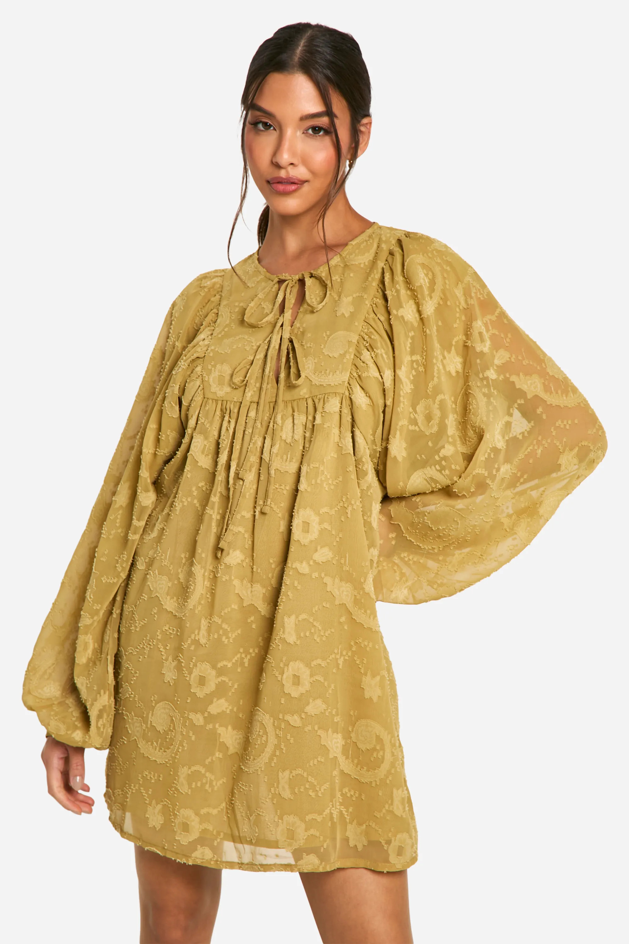 Burnout Paisley Tie Front Smock Dress | boohoo (US & Canada)