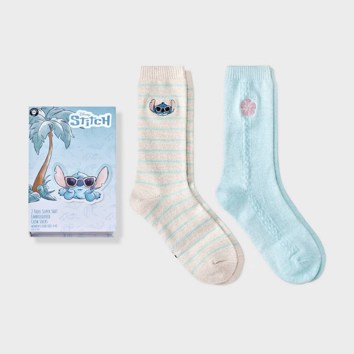 Women's 2pk Stitch Pop-Up Storybook Supersoft Embroidered Crew Socks - Ivory Heather/ Blue 4-10 | Target