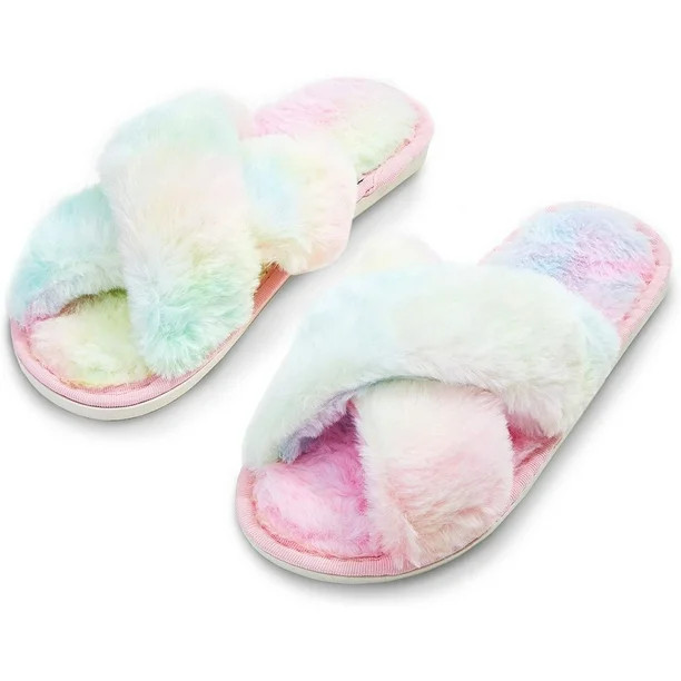 Fuzzy Cross Band Home Slippers, Soft Fluffy Plush Fleece Slip on House Slipper, Open Toe Indoor S... | Walmart (US)
