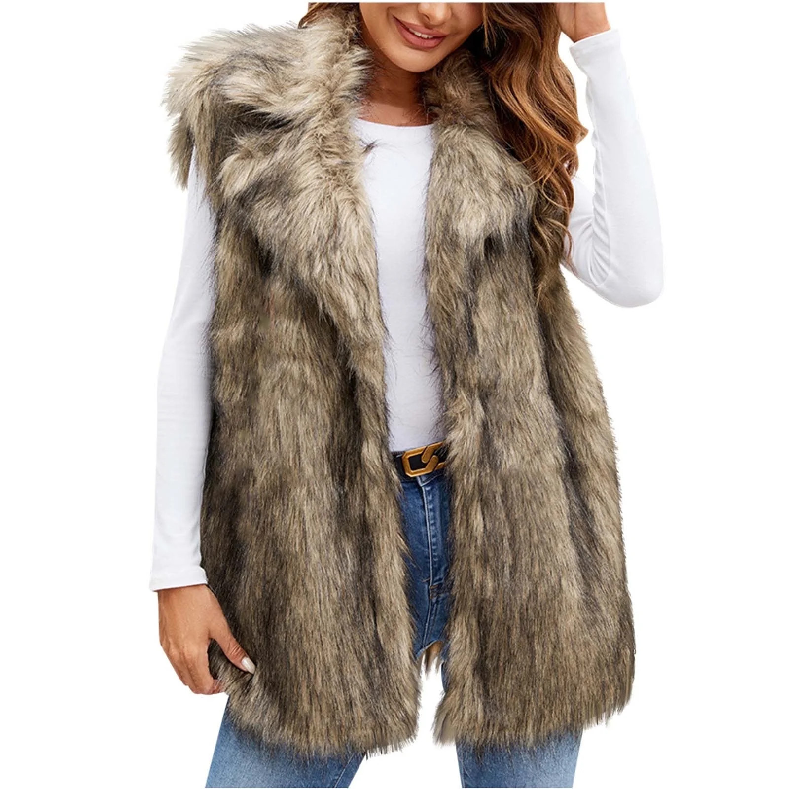 Jamicy Furry Vest for Women Faux Fur Vest Winter Warm Short Coat Fluffy Shaggy Sleeveless Jacket ... | Walmart (US)