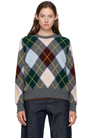 Gray Ava Argyle Crewneck Sweater | SSENSE