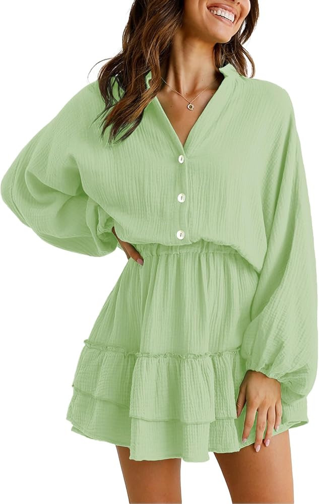 ARTFREE Women's Long Lantern Sleeves Mini Dress V Neck Button Down Ruffle Tiered Swing Fall Casua... | Amazon (US)