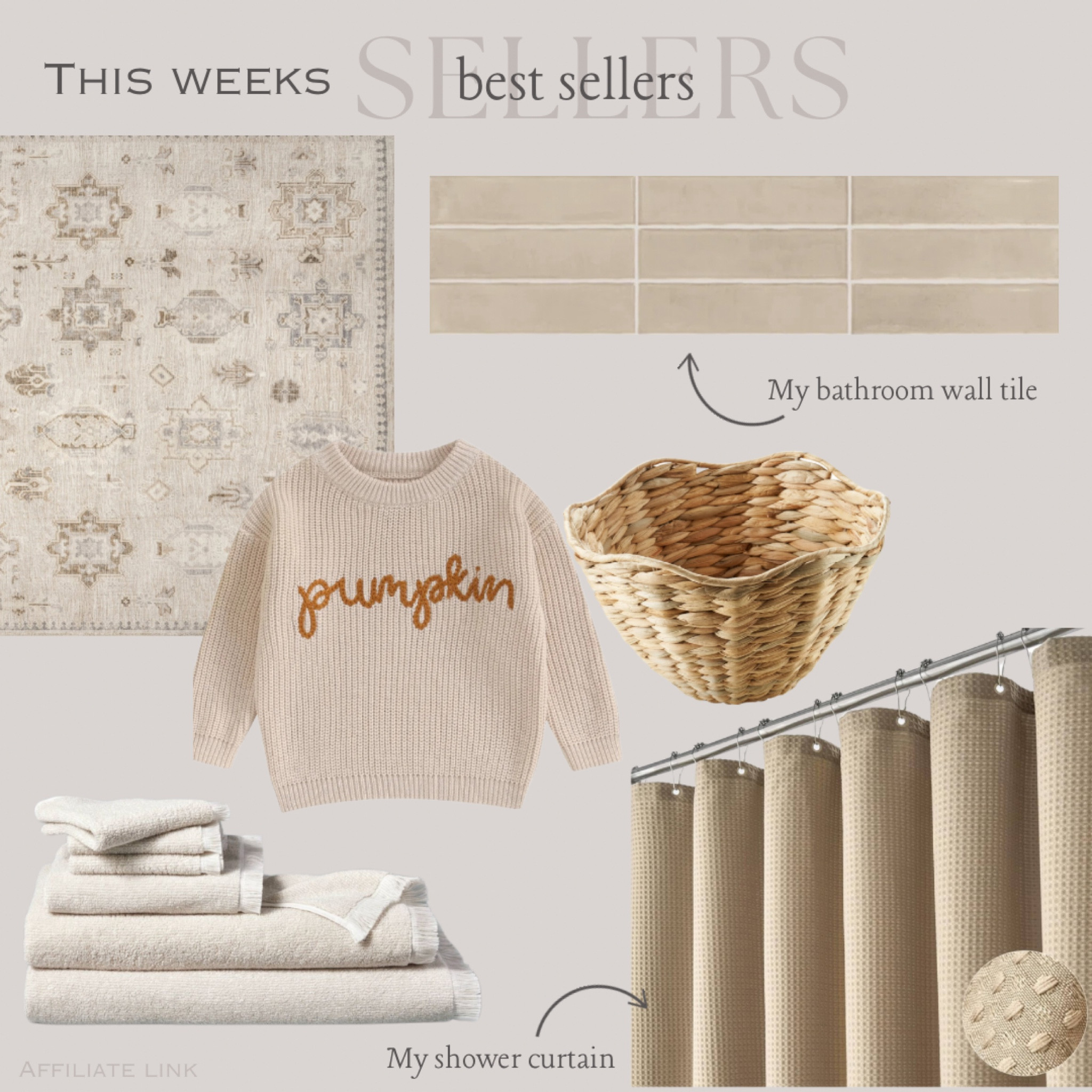 This weeks BEST sellers! 


Waffle shower curtain, scallop basket, bath towel, shower tile, wall tile, washable rug, neutral area rug, pumpkin sweater, fall style, family photos, bathroom decor

#LTKSeasonal #LTKHome #LTKFamily
