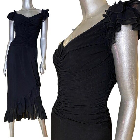 Vintage Tadashi Black Rushed Dress Size Medium 90s Mid Calf - Etsy | Etsy (US)